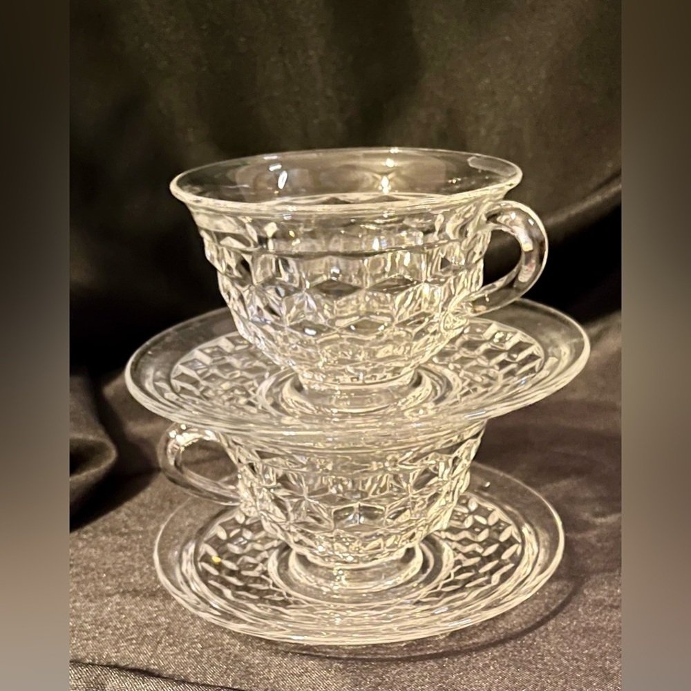 Fostoria American Crystal Clear Glass Cubist Flared Teacup Saucer Set of 2 MCM